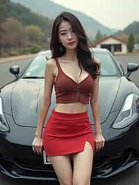 woman  wearing mini skirt posing in front of a sports car