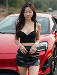 woman  wearing mini skirt posing in front of a sports car