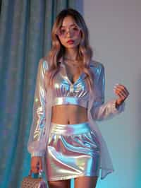 woman in holographic style, wearing  holographic shiny mini skirt, holographic shiny crop top, holographic shiny purse, holographic heels, holographic hair