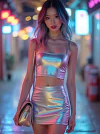 woman in holographic style, wearing  holographic shiny mini skirt, holographic shiny crop top, holographic shiny purse, holographic heels, holographic hair