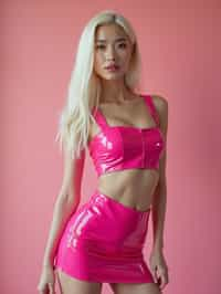 woman  as very sexy Barbiecore style, wearing hot pink shiny latex mini skirt, hot pink shiny latex crop top, hot pink heels, platinum blonde hair