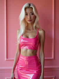 woman  as very sexy Barbiecore style, wearing hot pink shiny latex mini skirt, hot pink shiny latex crop top, hot pink heels, platinum blonde hair