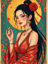 illustration of woman as Mythical Tarot Cardin the style of moebius and mohrbacher and rossdraws and ross tran and alphonse mucha and ayami kojima, pixar style, maya engine, splash comics style, tarot card style, art nouveau, rich bright colours