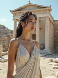 woman as Ancient Greek philosopher in 500 B.C., Ancient Roman white clean new temple in background