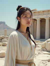 woman as Ancient Greek philosopher in 500 B.C., Ancient Roman white clean new temple in background