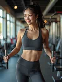 woman in  dark gray yoga pants and sports top in the fitness gym working out