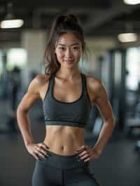 woman in  dark gray yoga pants and sports top in the fitness gym working out