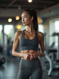 woman in  dark gray yoga pants and sports top in the fitness gym working out