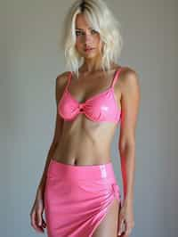 woman as with platinum blonde hair and pink latex skirt