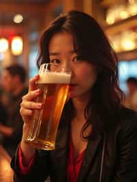 woman in a busy bar drinking beer. holding an intact pint glass mug of beer