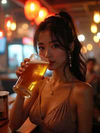 woman in a busy bar drinking beer. holding an intact pint glass mug of beer