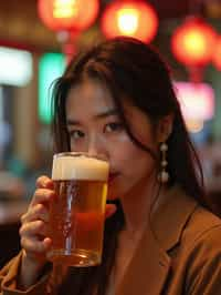 woman in a busy bar drinking beer. holding an intact pint glass mug of beer