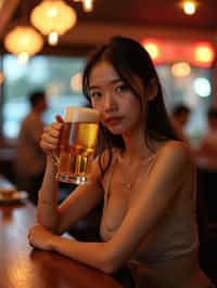 woman in a busy bar drinking beer. holding an intact pint glass mug of beer