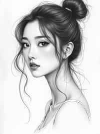 woman drawn as line art sketch with pencil. fine details. extremely detailed