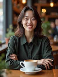  woman in hipster coffee place with coffee cup on table