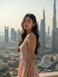 woman standing in front of city skyline viewpoint in Dubai with city skyline in background