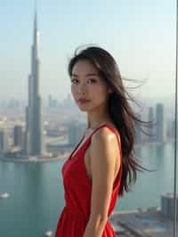 woman standing in front of city skyline viewpoint in Dubai with city skyline in background