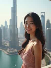 woman standing in front of city skyline viewpoint in Dubai with city skyline in background