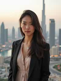 woman standing in front of city skyline viewpoint in Dubai with city skyline in background