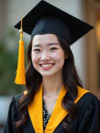 happy  woman in Graduation Ceremony wearing a square black Graduation Cap with yellow tassel at college