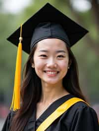 happy  woman in Graduation Ceremony wearing a square black Graduation Cap with yellow tassel at college