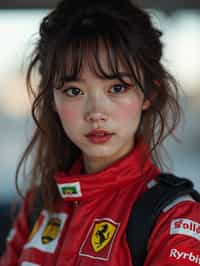 Ultra realistic photograph of woman as Formula 1 race driver