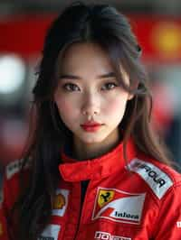 Ultra realistic photograph of woman as Formula 1 race driver