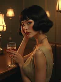 woman, dimly lit upscale 1920s speakeasy, relaxed pose, fantasy, art deco, detailed painterly digital art style by coles phillips and alfred charles parker, 🍸🍋