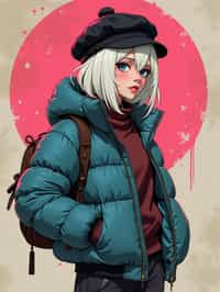 full body of a street punk woman student, blue eyes, bubble jacket, hat, white hair by atey ghailan, by greg rutkowski, by greg tocchini, by james gilleard, by joe fenton, by kaethe butcher, gradient pink, black, brown and light blue color scheme, grunge aesthetic