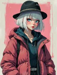 full body of a street punk woman student, blue eyes, bubble jacket, hat, white hair by atey ghailan, by greg rutkowski, by greg tocchini, by james gilleard, by joe fenton, by kaethe butcher, gradient pink, black, brown and light blue color scheme, grunge aesthetic