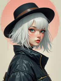 full body of a street punk woman student, blue eyes, bubble jacket, hat, white hair by atey ghailan, by greg rutkowski, by greg tocchini, by james gilleard, by joe fenton, by kaethe butcher, gradient pink, black, brown and light blue color scheme, grunge aesthetic