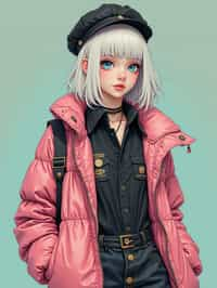 full body of a street punk woman student, blue eyes, bubble jacket, hat, white hair by atey ghailan, by greg rutkowski, by greg tocchini, by james gilleard, by joe fenton, by kaethe butcher, gradient pink, black, brown and light blue color scheme, grunge aesthetic