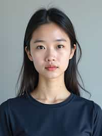 woman as official passport photo for government documents. wearing a dark blue navy t-shirt. photorealistic. light gray background. entire face visible. entire head visible