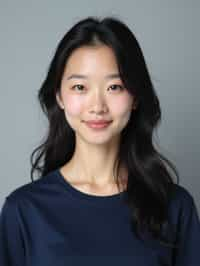 woman as official passport photo for government documents. wearing a dark blue navy t-shirt. photorealistic. light gray background. entire face visible. entire head visible