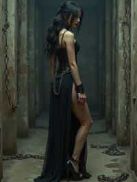 gothic woman, bound by chains and barbed wire in a dungeon, very tight corset, high heels