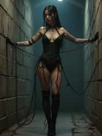 gothic woman, bound by chains and barbed wire in a dungeon, very tight corset, high heels