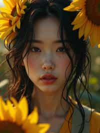 Close face shot of a woman with a sunflower in hair, summer season, moody scene,, intricate, sharp details, summer vibe, gorgeous scene by gaston bussiere, craig mullins, somber lighting, drawn by giacomo burattini, inspired by graphic novel cover art, hyperrealistic, 8 k by rhads