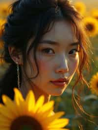 Close face shot of a woman with a sunflower in hair, summer season, moody scene,, intricate, sharp details, summer vibe, gorgeous scene by gaston bussiere, craig mullins, somber lighting, drawn by giacomo burattini, inspired by graphic novel cover art, hyperrealistic, 8 k by rhads