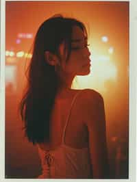 Dreamy polaroid instax photograph of woman in the backrooms, many lights in background