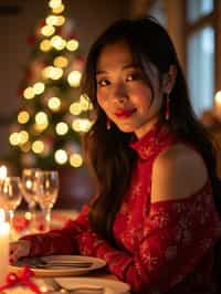 woman at Christmas dinner wearing Christmas style clothes. Christmas tree in background. Christmas lights