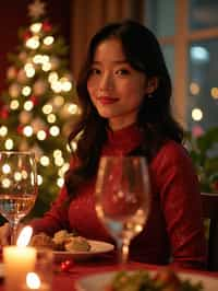 woman at Christmas dinner wearing Christmas style clothes. Christmas tree in background. Christmas lights