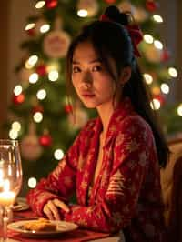 woman at Christmas dinner wearing Christmas style clothes. Christmas tree in background. Christmas lights