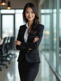 wide LinkedIn profile photo of a professional business woman as a confident professional business woman standing in a modern office. LinkedIn professional profile photo. most popular person on LinkedIn