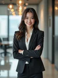 wide LinkedIn profile photo of a professional business woman as a confident professional business woman standing in a modern office. LinkedIn professional profile photo. most popular person on LinkedIn