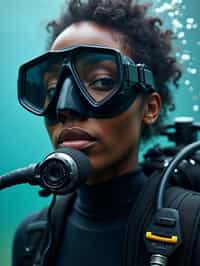 woman as a scuba diver wearing diving goggles and wearing a wetsuit