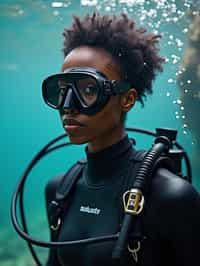 woman as a scuba diver wearing diving goggles and wearing a wetsuit