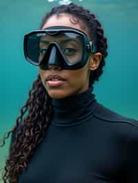 woman as a scuba diver wearing diving goggles and wearing a wetsuit