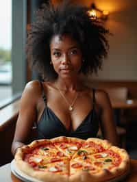 woman sitting in a restaurant eating a large pizza