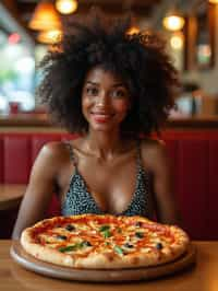 woman sitting in a restaurant eating a large pizza