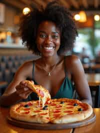 woman sitting in a restaurant eating a large pizza